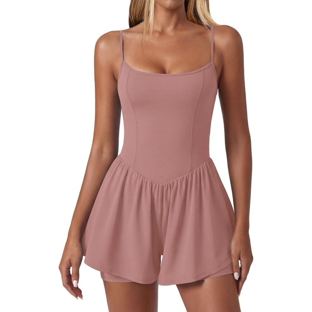 Ekouaer Women's One Piece Short Romper LARGE Dark Pink Sleeveless Athletic Lined